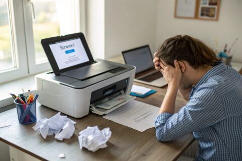 Mann sitzt vor einem Drucker, der nicht druckt, und schaut auf eine Fehlermeldung.