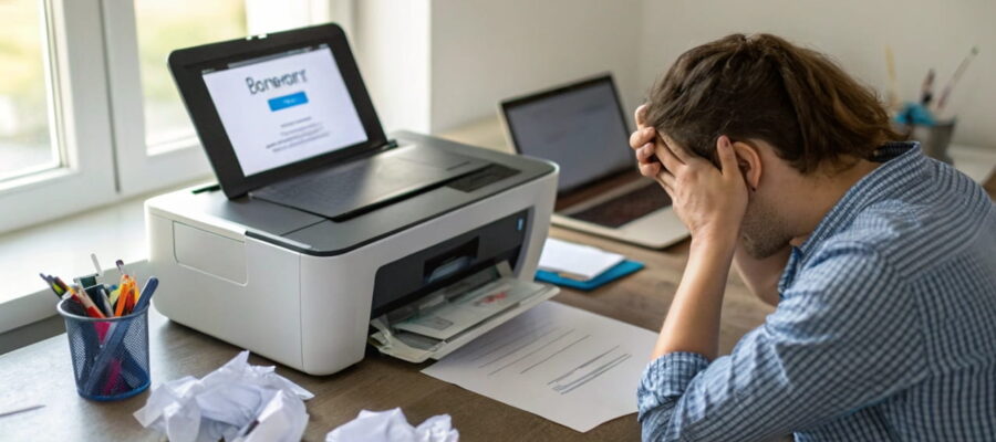 Mann sitzt vor einem Drucker, der nicht druckt, und schaut auf eine Fehlermeldung.