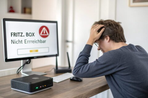 Fritz.Box nicht erreichbar: Ein frustrierter Benutzer versucht, sein WLAN-Problem zu lösen.