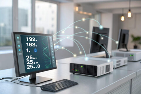 Darstellung einer Subnetzmaske mit IP-Adresse und Netzwerksegmentierung auf einem Computerbildschirm.