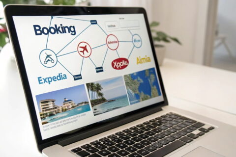 Laptop mit visualisierter Vernetzung verschiedener Buchungsplattformen wie Booking, Expedia und Airbnb über einen Channel Manager