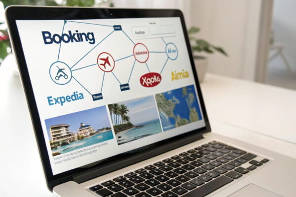 Channel Manager verbindet mehrere Buchungsportale in Echtzeit Laptop mit visualisierter Vernetzung verschiedener Buchungsplattformen wie Booking, Expedia und Airbnb über einen Channel Manager