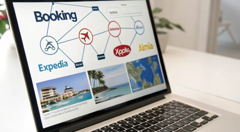 Laptop mit visualisierter Vernetzung verschiedener Buchungsplattformen wie Booking, Expedia und Airbnb über einen Channel Manager