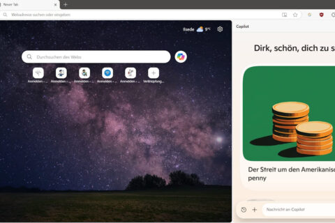 Startseite von Microsoft Edge mit KI-Integration und Copilot-Panel – KI-gestützte Features im Überblick.