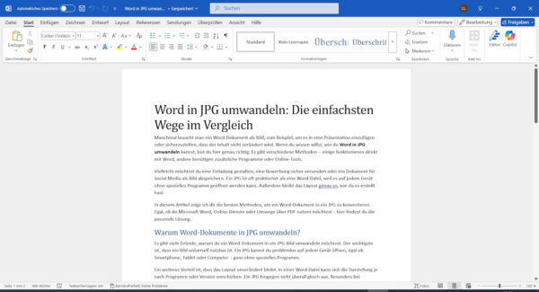 Word in JPG umwandeln – Screenshot eines Word-Dokuments mit Anleitung Word in JPG umwandeln – Geöffnete Word-Datei mit Artikel über verschiedene Methoden zur Umwandlung von Word-Dokumenten in JPG.