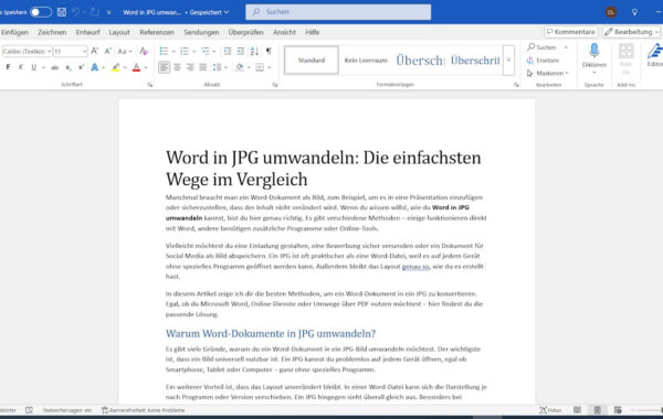 Word in JPG umwandeln – Geöffnete Word-Datei mit Artikel über verschiedene Methoden zur Umwandlung von Word-Dokumenten in JPG.