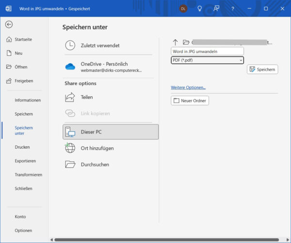 Word-Dokument als PDF speichern Screenshot zeigt das Speichern eines Word-Dokuments als PDF in Microsoft Word.