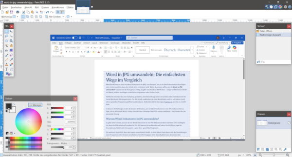 Word in JPG umwandeln – Bearbeitung eines Screenshots in Paint.NET Word in JPG umwandeln – Screenshot zeigt eine geöffnete JPG-Datei in Paint.NET mit ausgewähltem Text aus einem Word-Dokument.