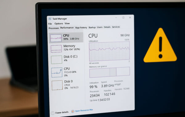 pc ploetzlich langsam taskmanager leistung Windows Task-Manager mit hoher CPU-Auslastung und Warnsymbol