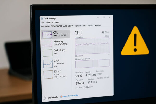 PC plötzlich langsam – Auslastung im Task-Manager erkennen Windows Task-Manager mit hoher CPU-Auslastung und Warnsymbol