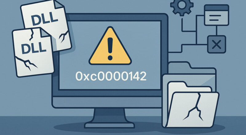 Häufige Ursachen des Windows-Fehlercodes 0xc0000142 mit defekten DLL-Dateien und Systemkonflikten als Illustration