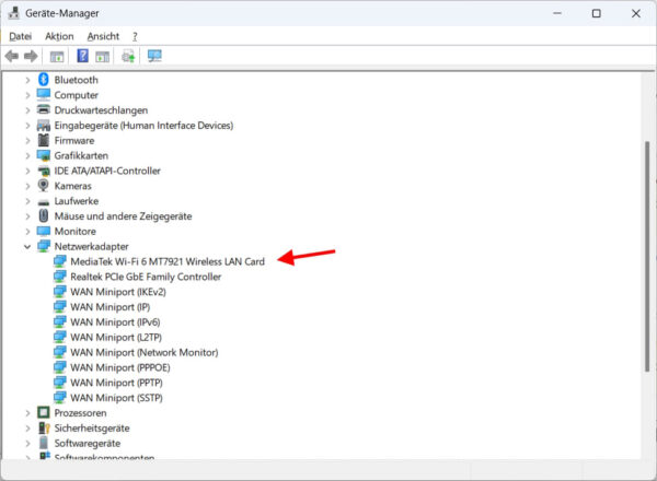 WLAN-Adapter im Windows-11-Geräte-Manager zur Treiberprüfung angezeigt
